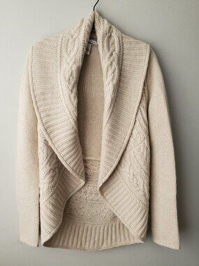NEW Autumn Cashmere Draped Shawl Collar Open Front Cable Knit Cocoon Cardigan S